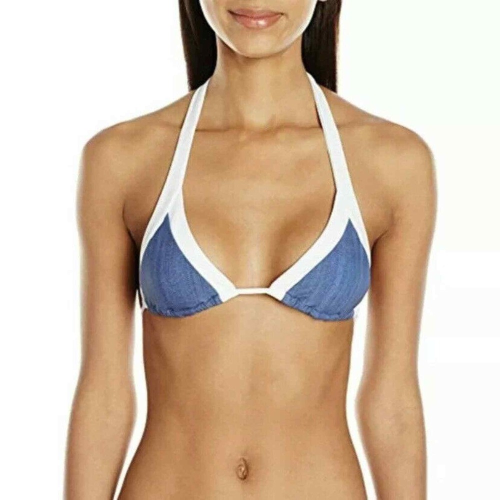 Seafolly Women's Block Party Wide‎ Strap Slide Triangle Bikini Denim 4 New